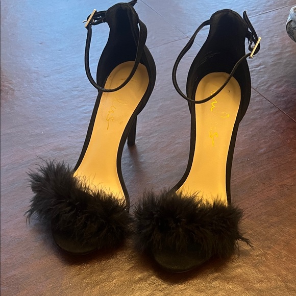 Lulus Valentina Black Feather Ankle Strap Heels - Picture 2 of 11